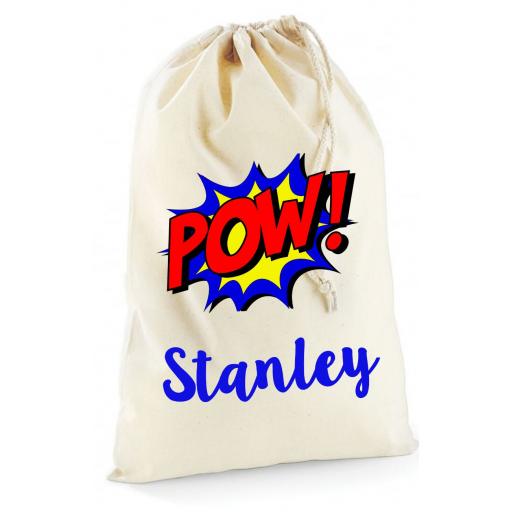 Personalised Boys Pow Superhero Cotton Drawstring Bag